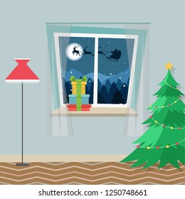 New year window with christmas tree, gifts, lamp and curtains. Winter landscape with silhouette of Santa on a sleigh and deers