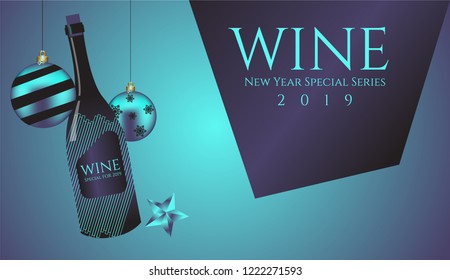 new year wine packaging concept and christmas ball. 2019 turquoise and dark blue colors.