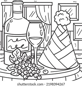 New Year Wine And Party Hat Coloring Page for Kids