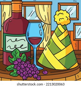 New Year Wine And Party Hat Colored Cartoon 