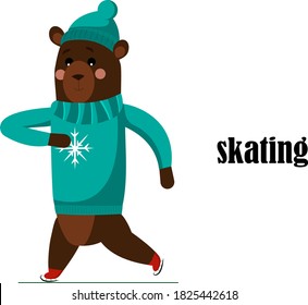 A  new Year winter bear in a blue sweater is skating, waving its paws