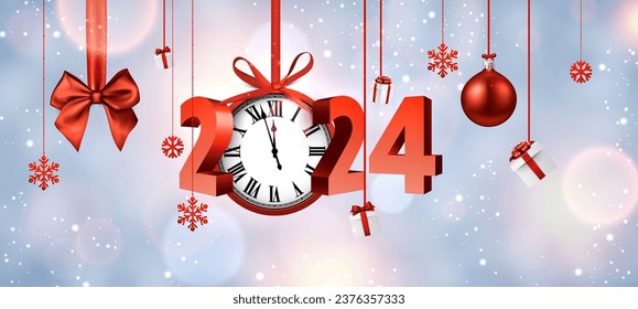 Neues Jahr winterblauer Hintergrund mit hängender Uhr und roten 2024 Buchstaben. Vektorgrafik.
