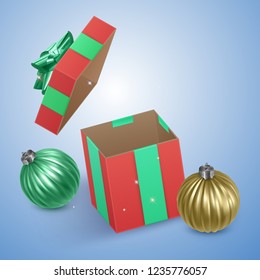 The new year, winter card with a red box and Christmas toys, Christmas balls, vector illustration