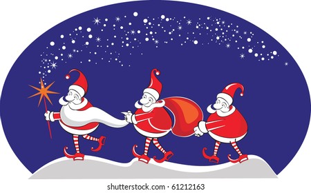 New Year Winter Christmas card with 3 Santa Claus with christmas bags and snowflakes in the blue sky, vector illustration