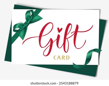 New Year winter or Christmas gift card design template. Decorative festive white gift card with diagonal green bow and ribbon. Vector stock illustration.
