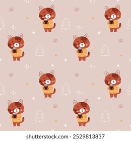 New Year winter Christmas pattern with a brown cat with a cup of cocoa on a brown beige background.