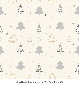 New Year winter Christmas pattern with Scandinavian Christmas trees in a simple naive style on a white background.