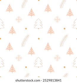 New Year winter Christmas pattern with Scandinavian Christmas trees in a simple naive style on a white background.