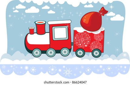 New Year Winter Christmas train with snowflakes and bag, vector card.
