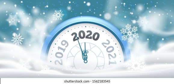 New Year winter clock. Celebration 2020 countdown in snow, holiday clocks. Christmas midnight make wishes time alarm, Xmas holiday party clock flyer vector illustration