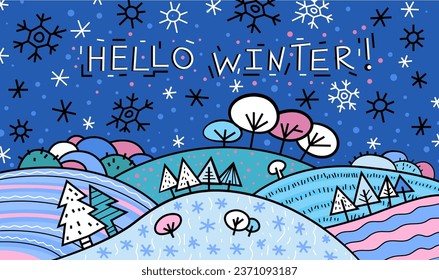 New year winter design with custom typography. Simple lettering. Festive poster, banner, print idea in bright colourful pop art style. Editable vector illustration. landscape background.