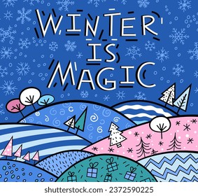 New year winter design with custom typography. Simple lettering. Festive poster, banner, print idea in bright colourful pop art style. Editable vector illustration. landscape background.