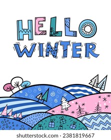 New year winter design with custom typography. Simple lettering. Festive poster, banner, print idea in bright colourful pop art style. Editable vector illustration. Vertical background.