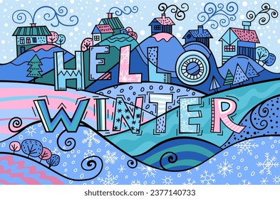 New year winter design. Hand drawn graphic. Festive poster, banner, print idea in bright colourful pop art style. Editable vector illustration. landscape background.