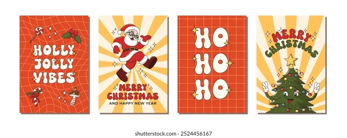 New Year Winter greeting card collection with santa claus, tree retro groovy characters, holly branch, tree toys, candy. Merry Christmas poster set. Holly Jolly Vibes. Vector illustration.