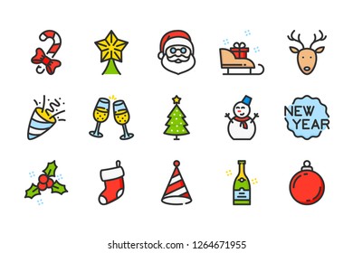 New Year and Winter Holiday color vector line icons. Christmas vector outline colorful icon set.