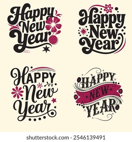 New year and winter holiday lettering set.  Floral illustration for greeting cards, gift tags, labels. Typography collection. T-shirts design, Vector illustrations, web banners.