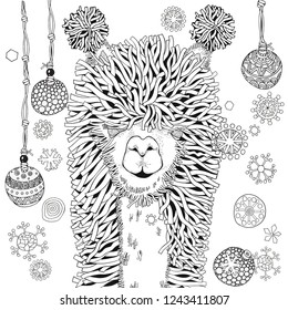 New year winter llama. Coloring Book page for Adult and children in doodle style.  Black and white  background. Hand-drawn christmas lama.