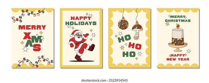 New Year Winter poster set with santa claus retro groovy character, holly branch, tree toys, mushrooms and candle. Merry Christmas greeting card collection. Vector illustration, editable stroke.