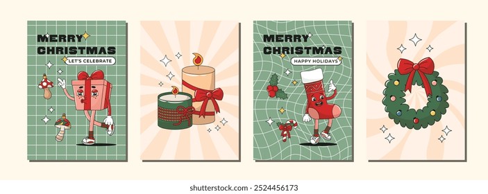 Año Nuevo Conjunto de póster de invierno con calcetín y presente, caja de regalo personajes groovy retro, rama de acebo, juguetes de árbol, velas y corona. Colección de tarjeta de felicitación de Navidades alegres. Ilustración vectorial.