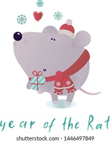 New year and winter rat character. Christmas animal simple illustration for greeting cards, calendars, prints etc. Cute Rat for winter design. Vector illustration