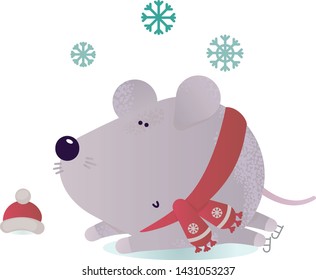 New year and winter rat character.Christmas animal simple illustration for greeting cards, calendars, prints etc. Mouse for winter design. Vector illustration