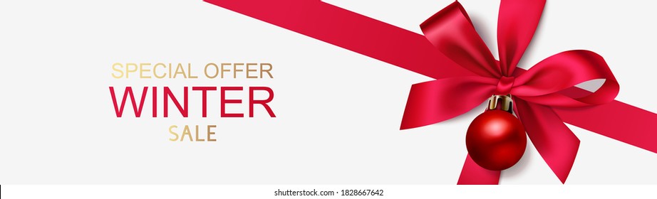 New year winter sale design template. Banner with decorative red bow and Christmas ball. Vector illustration