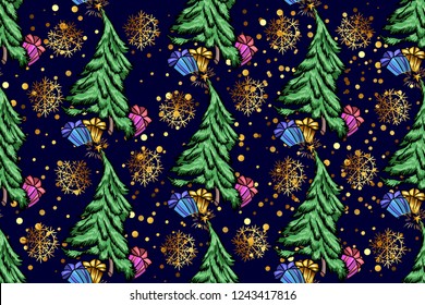 New year, winter seamless background. New 2019, gifts, Christmas trees, stars, snowflakes, confetti gold. Suitable for tablecloth, holiday tableware, wrapping paper, fabrics, tablecloth and more.