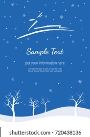 New Year Winter Season Holidays poster. Flyer template size A 4. Playful reindeer, blue background. Freehand drawn cartoon running deer. Decorative Christmas seasonal event banner. Vector illustration