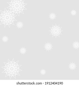 New Year Winter Sharp Cold Composition. Stars Chaotic Christmas Innocent Print Sky Wallpaper. Silver Luxury Mystery Frost Ice Pattern. Grey Snowflakes White Monochrome Mandala Background.