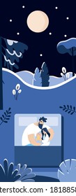 New Year Winter Sleep Family Snow Moon Forest Night Happy New Year 