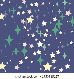 New Year Winter Stars Green Cozy Pastel Wallpaper. Print Dark Blue Indigo Holiday Background. Emerald Sky White Pink Luxury Mystery Design Pic. Yellow Magic Christmas Night Chaotic Pattern.