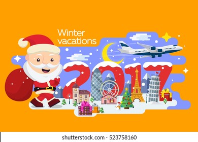 New Year and winter travel background. Traveling in time of vacation by plane. Travel to Europe. The winter holiday. Santa Claus with a bag of gifts. Happy New Year 2017. Vector illustration.