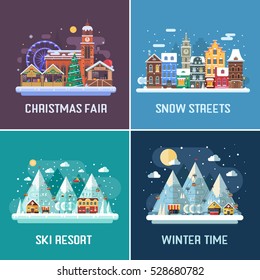 New Year And Winter Travel Backgrounds. Christmas Fair, Europe Winter Town, Snow Mountain Hotel And Ski Resort By Night. Flat Design Landscape. Winter Holidays Destination Backdrops In Flat Design.