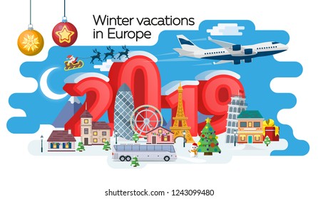 New Year and winter travel banner. Christmas travel, Europe winter town, snow village. Traveling by plane and bus. The winter vacation. Santa Claus. Creative numbers 2019. Vector image