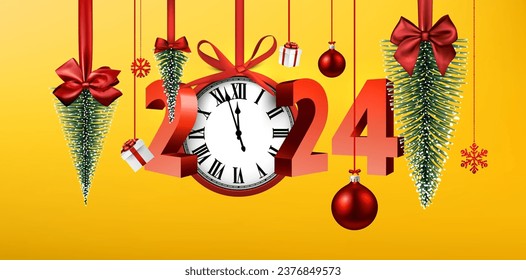 New year winter yellow background with hanging clock and red 2024 letters. Vector illustration.