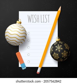 New year wish plan list. New year goals list. 2023 resolutions text on notepad. Action plan. Pencils and realistic tree ball bauble gold and black