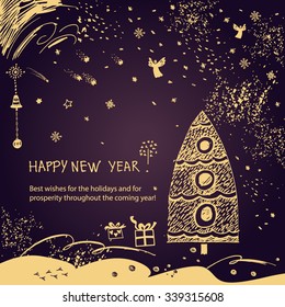 New Year wishes. Card for holiday celebration happy new year 2016. Hand-drawn design elements.