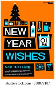 New Year Wishes (Flat Style Vector Illustration Poster Design) with Text Box Template