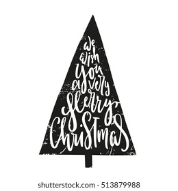 New Year wishes hand drawn vector illustration with calligraphy - design for greeting card, wall decoration, banner, t-shirt. Unique creative lettering with Christmas tree silhouette. 