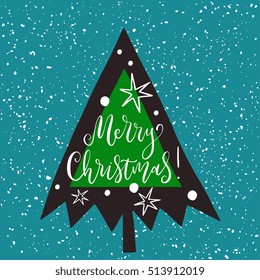 New Year wishes hand drawn vector illustration with calligraphy - design for greeting card, wall decoration, banner, t-shirt. Unique creative lettering with Christmas tree silhouette. 