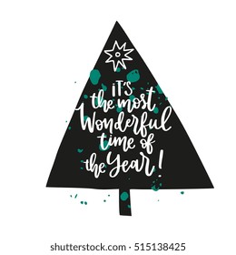 New Year wishes hand drawn vector illustration with calligraphy - design for greeting card, wall decoration, banner, t-shirt. Unique creative lettering with Christmas tree silhouette. 