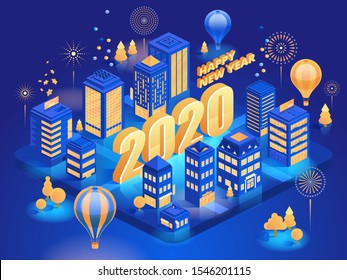 New Year Wishes Isometric Vector Banner Template. Winter Holiday Celebration Concept. Christmas Congratulation. Night City Center And Fireworks On Blue Background. Xmas Greeting Card Design