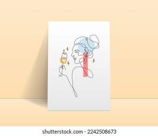 New Year woman face celebration. Modern abstract line minimalistic woman face art background postcard or brochure cover design. Woman face. One line art. Vector illustrations design
