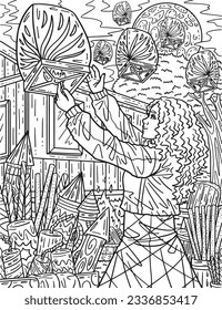 New Year Woman with a Lantern Adults Coloring Page