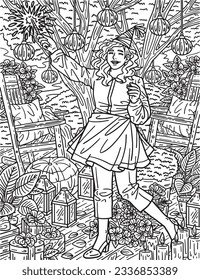 New Year Woman with Sparkler Adults Coloring Page