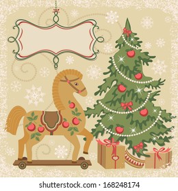 New year wooden horse and christmas tree with gift boxes. Symbol of New year. Greetings card. Vector illustration.