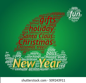 New Year word cloud concept in shape of Santa hat on gradient green background. Vector.