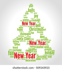 New Year word cloud concept in shape of Christmas tree on gradient background. Vector.