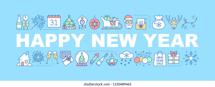 New Year word concepts banner. Christmas. Winter holidays. Gifts, decor, treats. Isolated lettering typography idea with linear icons. Vector outline illustration